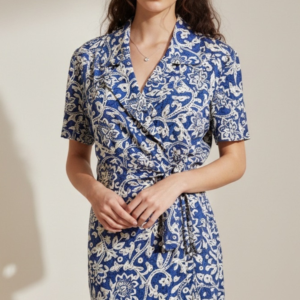 ADRIANNA PAPELL Vintage 100% Silk Blue Floral Midi Dress Wrap Tie Waist - Picture 11 of 11